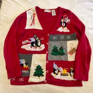 Vintage White Stag Red Christmas Sweater Cardigan Women's Medium